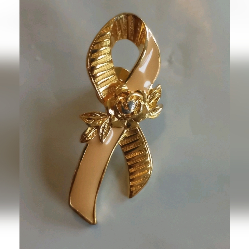 Vtg Avon Gold Tone Pink Ribbon Rose Breast Cancer Awareness Brooch Pin See Descr